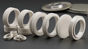 Technical ceramic rings, sleeves, and discs shown in as-fired, green-machined, ground, lapped, and polished states
