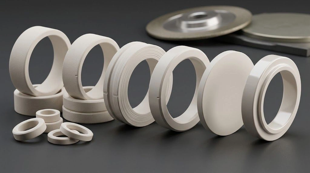 Technical ceramic rings, sleeves, and discs shown in as-fired, green-machined, ground, lapped, and polished states