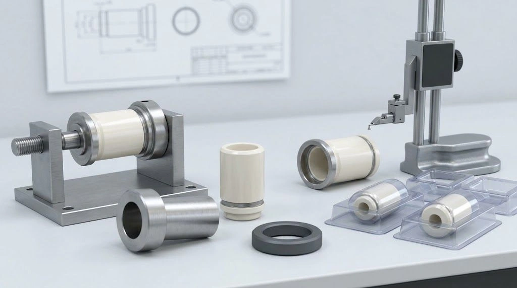 Ceramic replacement first articles inspected beside mating hardware, application fixture, gauges, and protective packaging