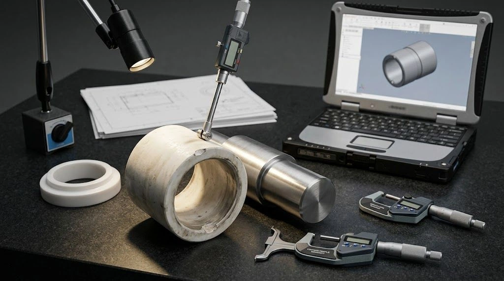 Worn ceramic sample, matching hardware, dimensional gauges, and controlled drawing references on an engineering bench