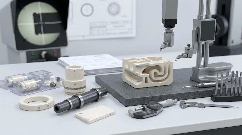 Custom ceramic parts with dimensional gauges and first-article inspection materials on an RFQ review bench