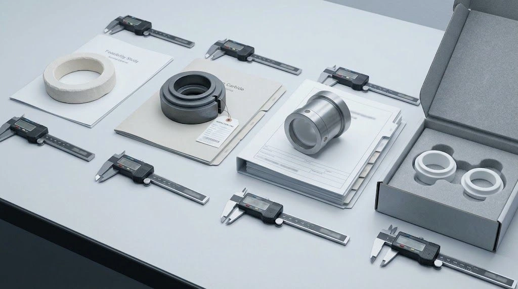 Ceramic first articles, inspection gauges, protective packaging, and supplier response documents on an RFQ review bench