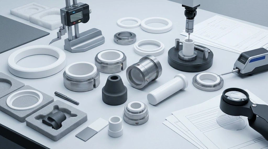 Ceramic first articles, inspection gauges, protective packaging, and supplier response documents on an RFQ review bench