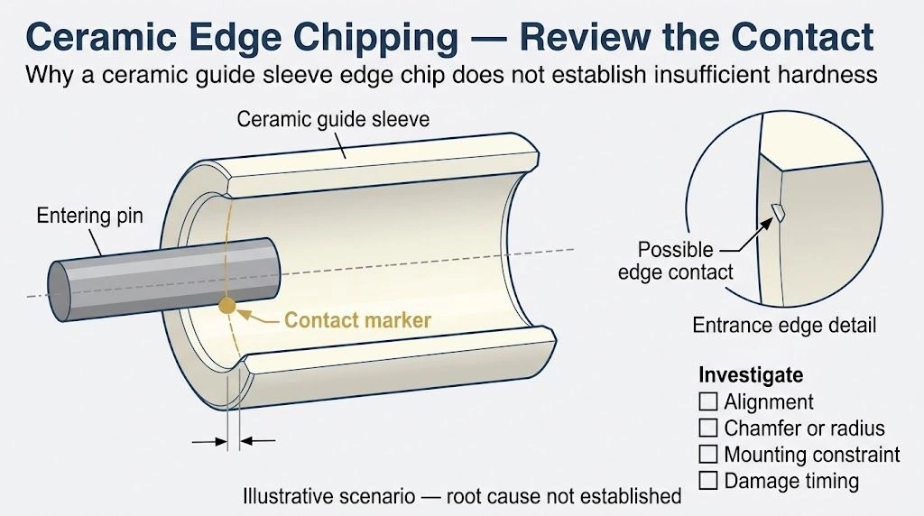 Ceramic guide sleeve edge contact and chipping investigation schematic