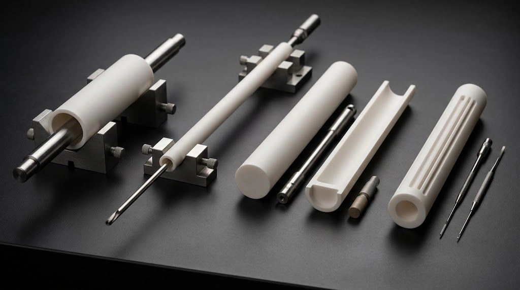 Physical ceramic sleeves showing controlled press-fit inspection, chipped edges, and metal-housing fit checks