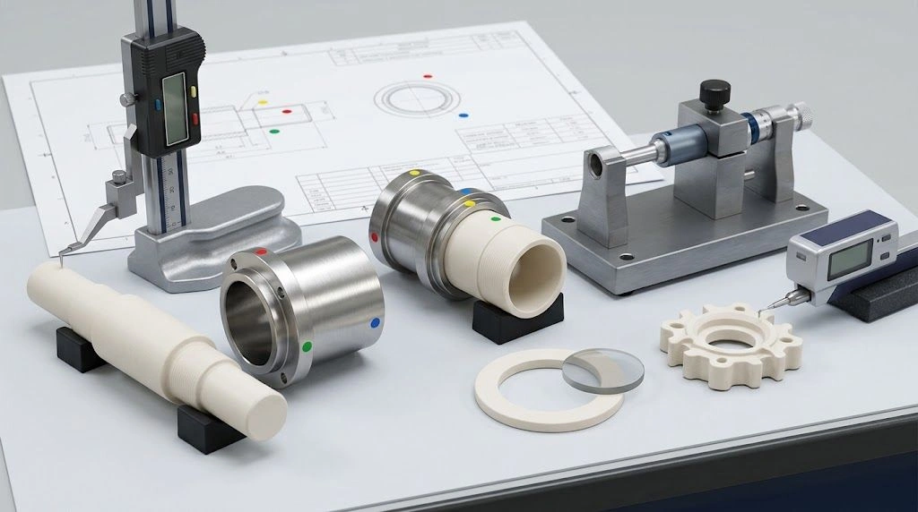 Ceramic components, mating metal parts, gauges, and an unreadable controlled drawing on an RFQ inspection bench