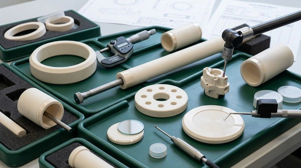 Technical ceramic parts on an RFQ inspection bench with a profilometer, dimensional gauges, and a functional fixture