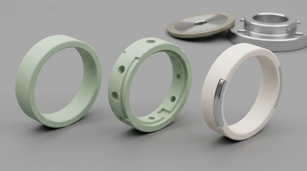 As-formed, green-machined, and post-sinter finished ceramic components arranged along a manufacturing route