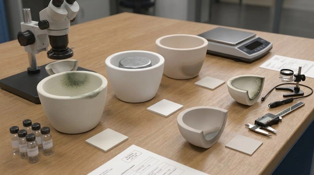 Tested ceramic crucibles and representative charge samples arranged with sectioning, microscopy and analytical inspection tools
