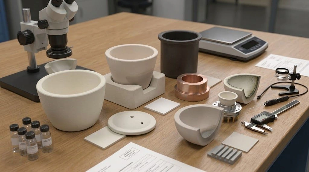 Ceramic crucibles, lids, furnace supports and an electron-beam heating pocket arranged for physical interface inspection
