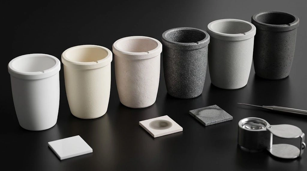 Real crucibles from several material families arranged with representative compatibility-test coupons and cooled charges