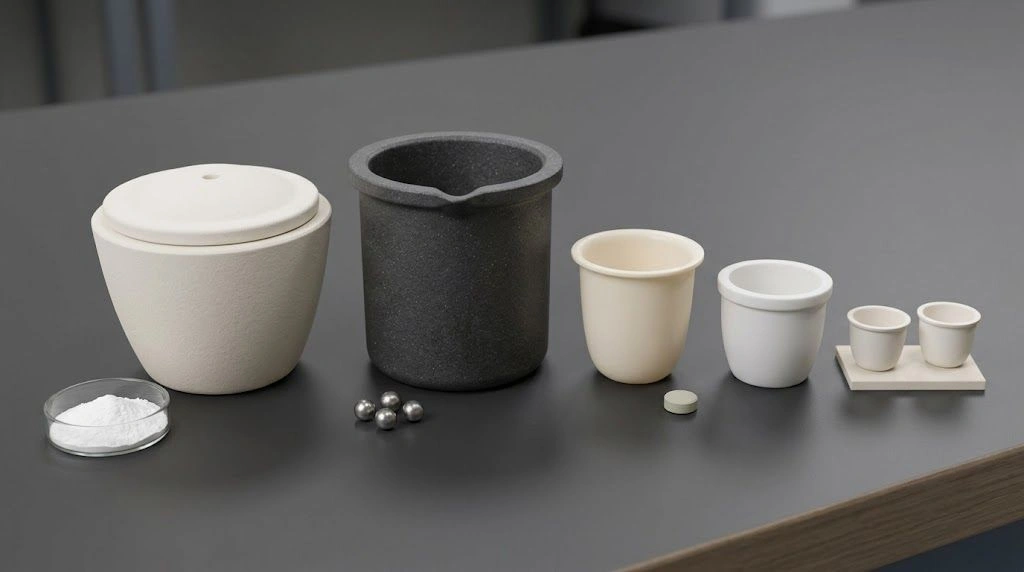 Physical ceramic crucibles for calcination, melting, thermal analysis and vacuum evaporation displayed as a process-duty family