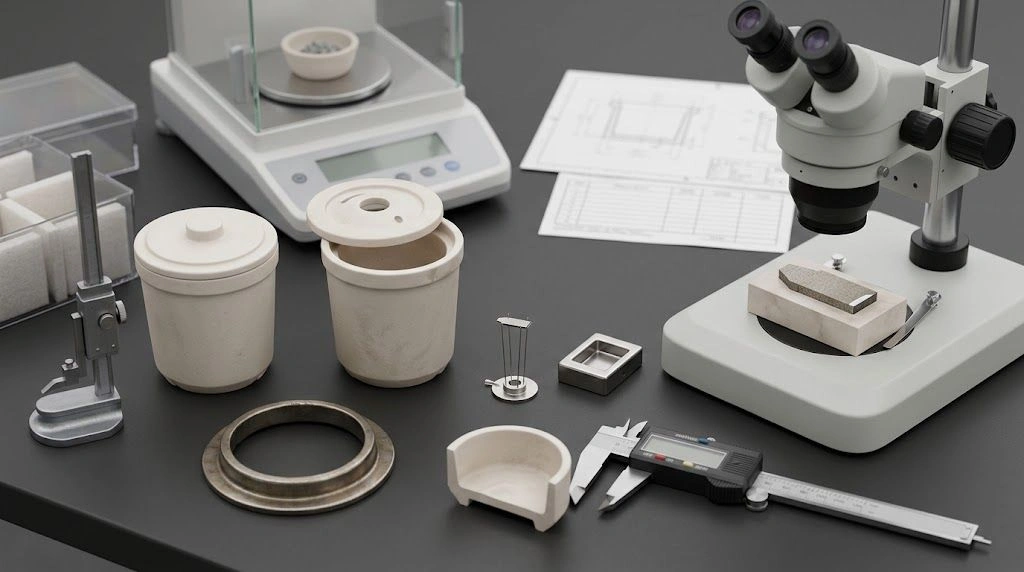 Crucible RFQ and representative-test inspection bench with real crucibles, fixtures, gauges and cooled samples
