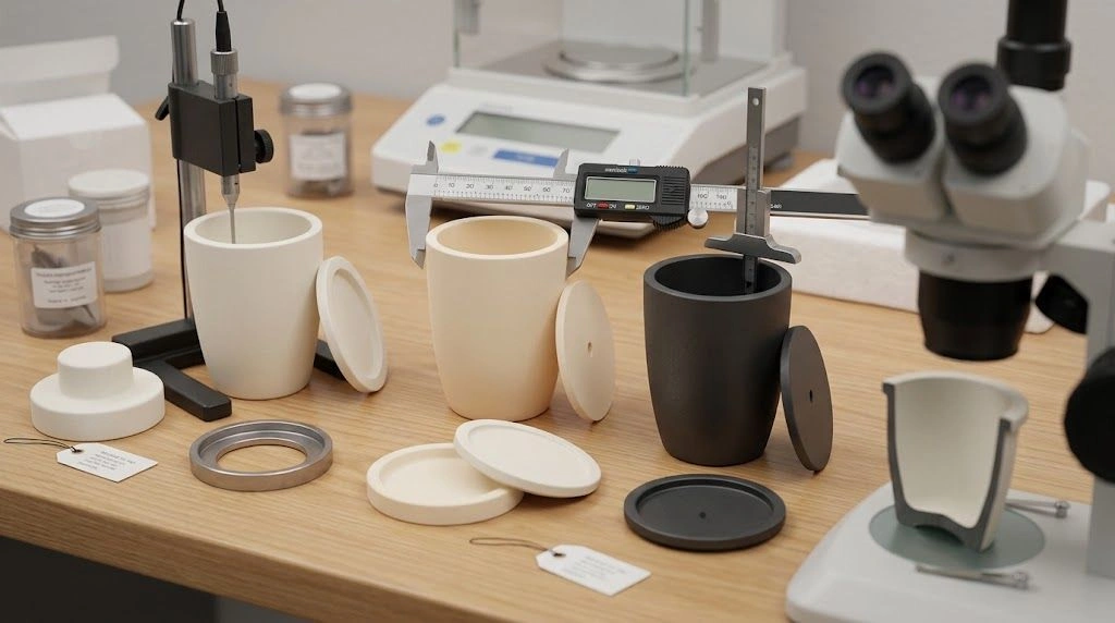 Custom ceramic crucible first articles with dimensional gauges, furnace supports, lids, and representative charge samples