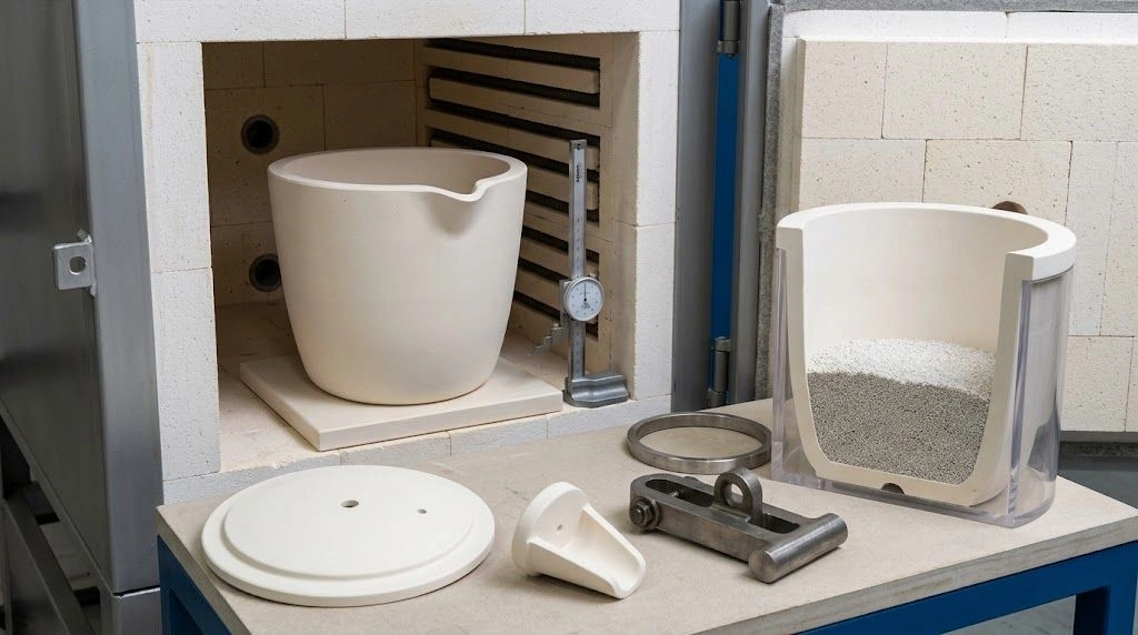 Custom ceramic crucible cold-fit assembly with furnace support, lid, vent, setter plate, and representative fill level