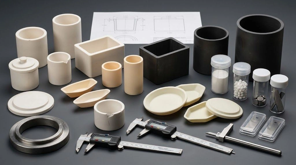 Custom ceramic crucibles arranged with a failed sample, dimensional sketch, charge containers, and furnace-holder parts