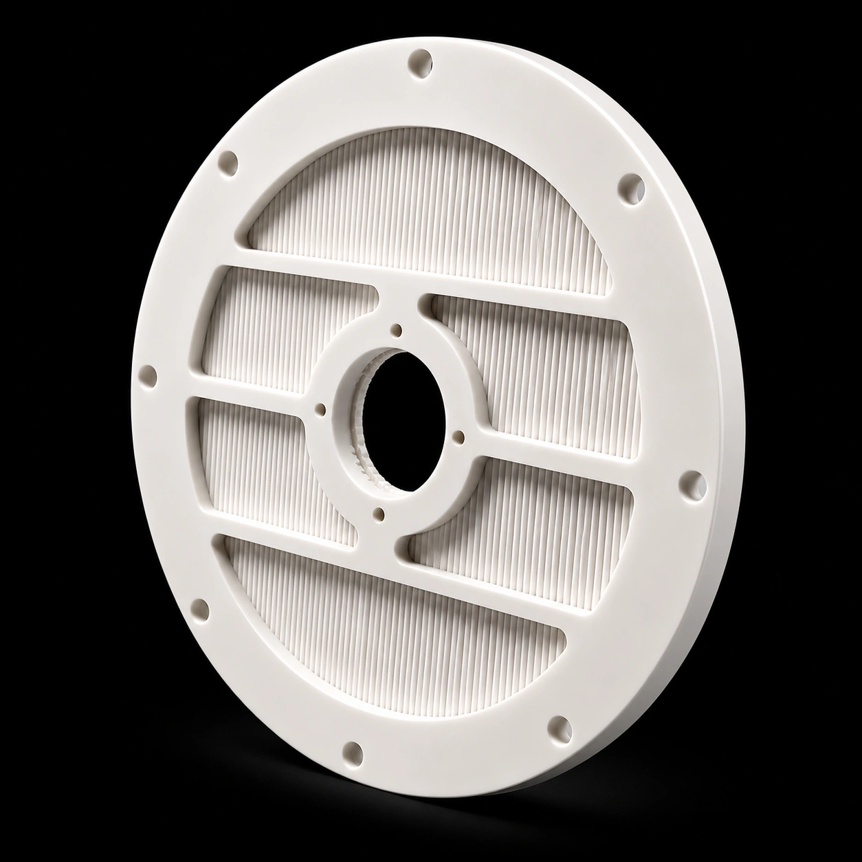 Custom zirconia ceramic separator screen with slotted sectors and mounting holes