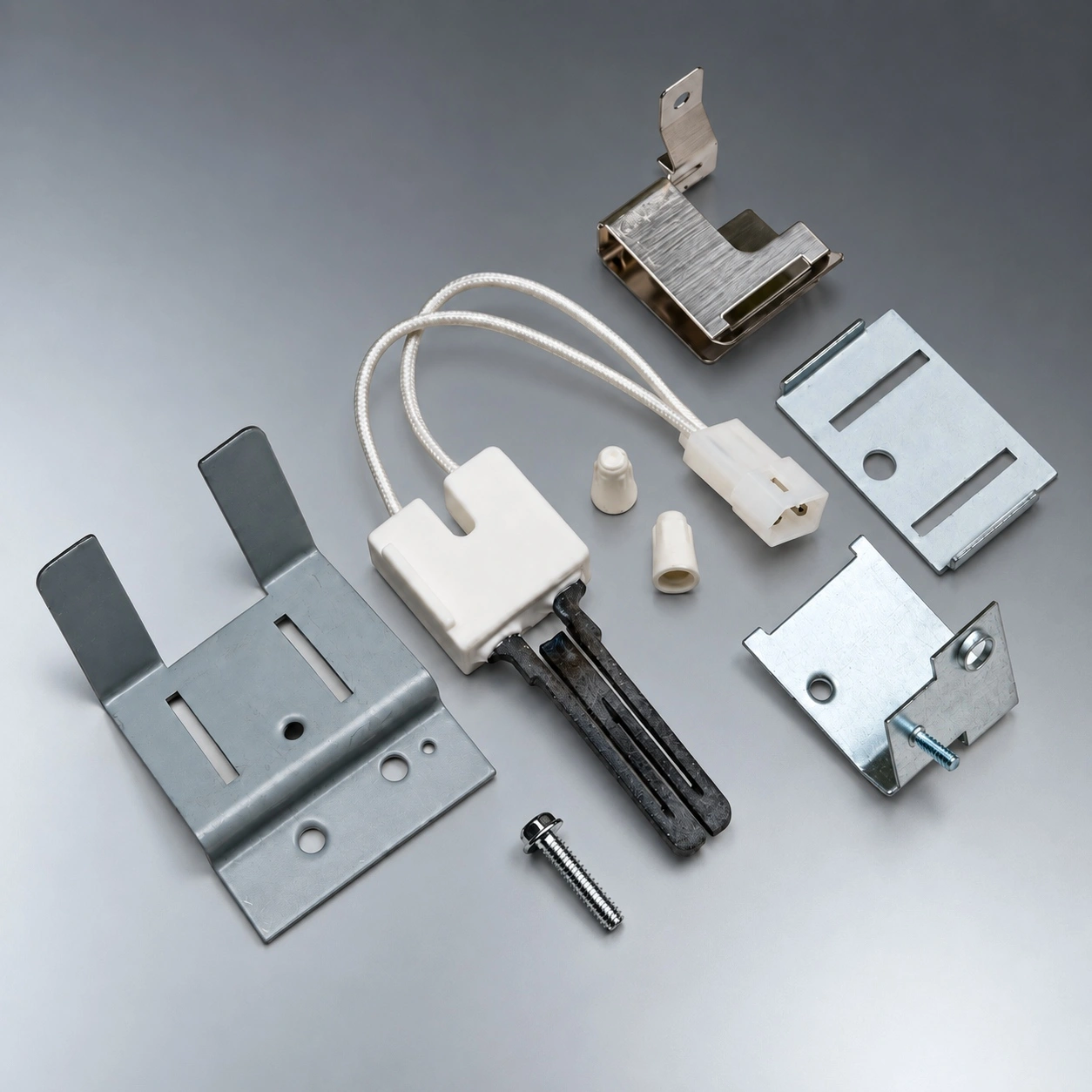 Ceramic dryer igniter kit with mounting brackets, screws and wire caps