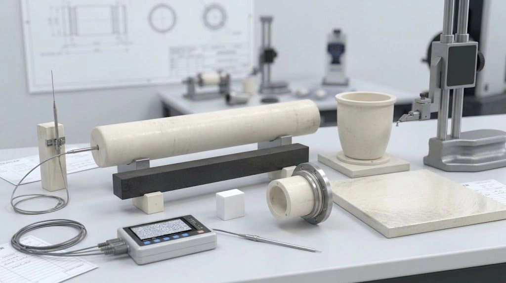 Ceramic furnace tube, crucible, setter plate, thermocouple, and support fixture arranged for thermal-duty RFQ review