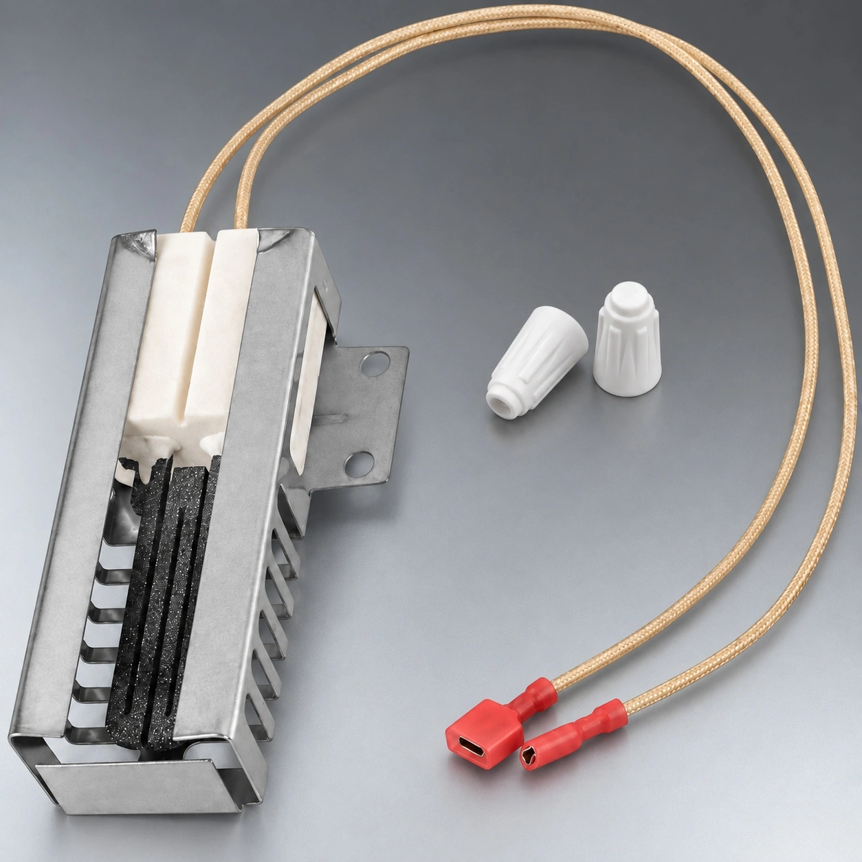Oven igniter with metal channel housing, braided leads and red terminals