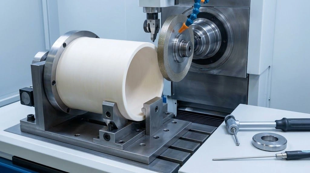 Technical ceramic component in a precision grinding fixture beside wheel-dressing and inspection equipment