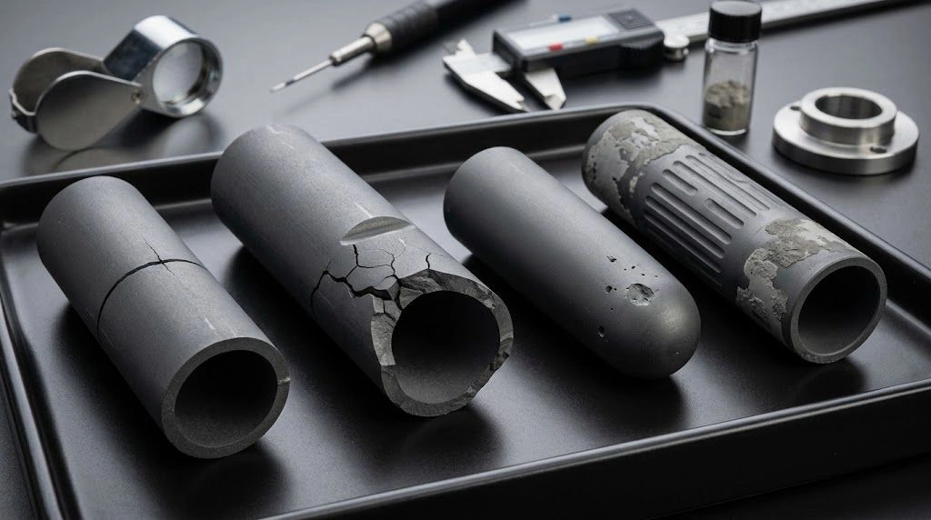 Physical silicon carbide protection tube samples showing furnace-wall cracking, support fracture, tip damage, and local surface recession