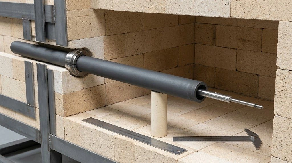 Long closed-end silicon carbide protection tube cold-fitted through a furnace wall with support and thermocouple clearance visible