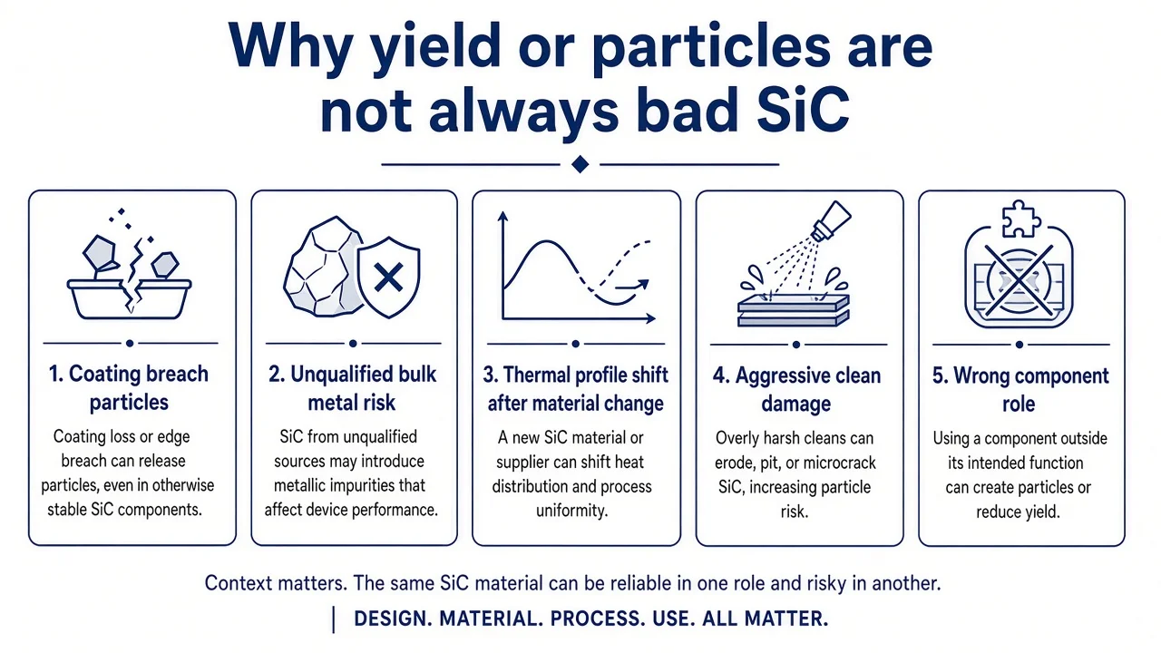 Why yield or particles are not always bad SiC: coating breach, unqualified metals, thermal profile shift, aggressive clean damage, wrong component role