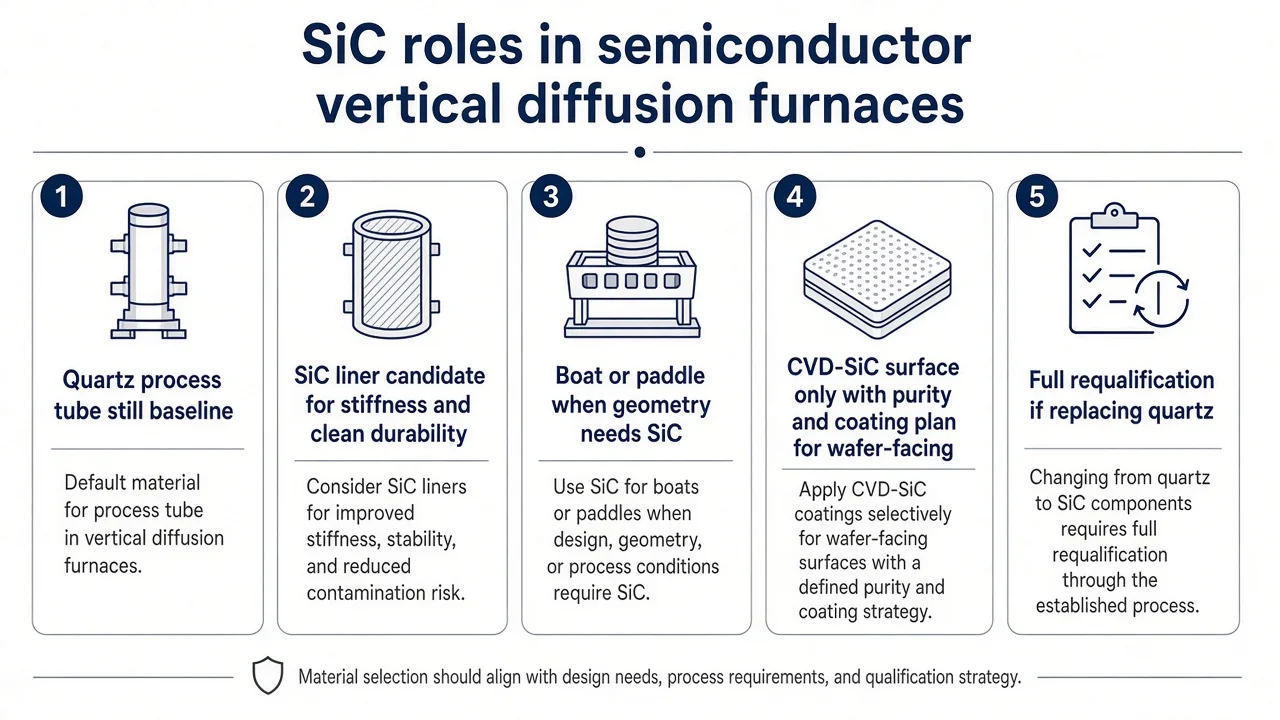 SiC roles in semiconductor vertical diffusion furnaces: quartz baseline, SiC liner, boat or paddle, CVD-SiC wafer-facing with purity plan, full requalification