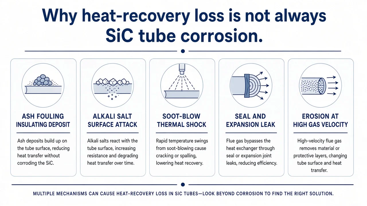 WtE heat-recovery failure drivers versus wrong SiC blame: ash fouling duty loss, alkali salt surface attack, soot-blow thermal shock, seal expansion leak, erosion at high velocity