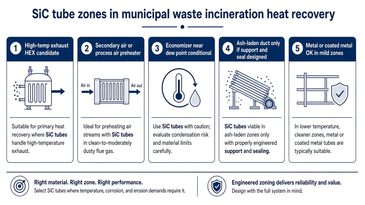 SiC zone choices in municipal waste incineration heat recovery: high-temp exhaust HEX candidate, secondary air preheater, economizer dew-point conditional, ash-laden duct if supported, metal OK if mild