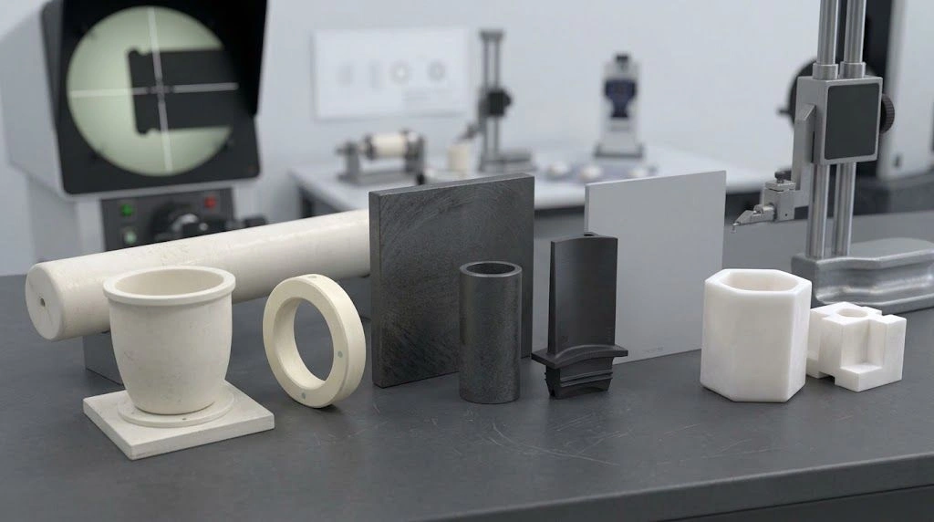 Alumina, zirconia, silicon carbide, silicon nitride, aluminum nitride, and boron nitride components displayed together