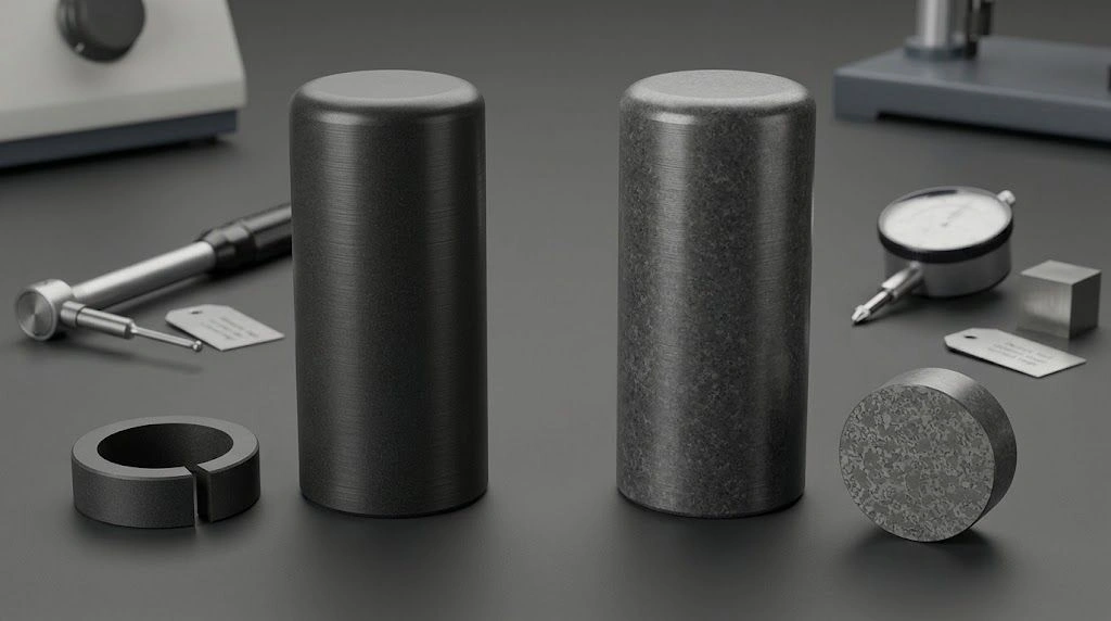 SSiC and RBSiC closed-end protection tubes displayed with sectioned material samples and inspection tools