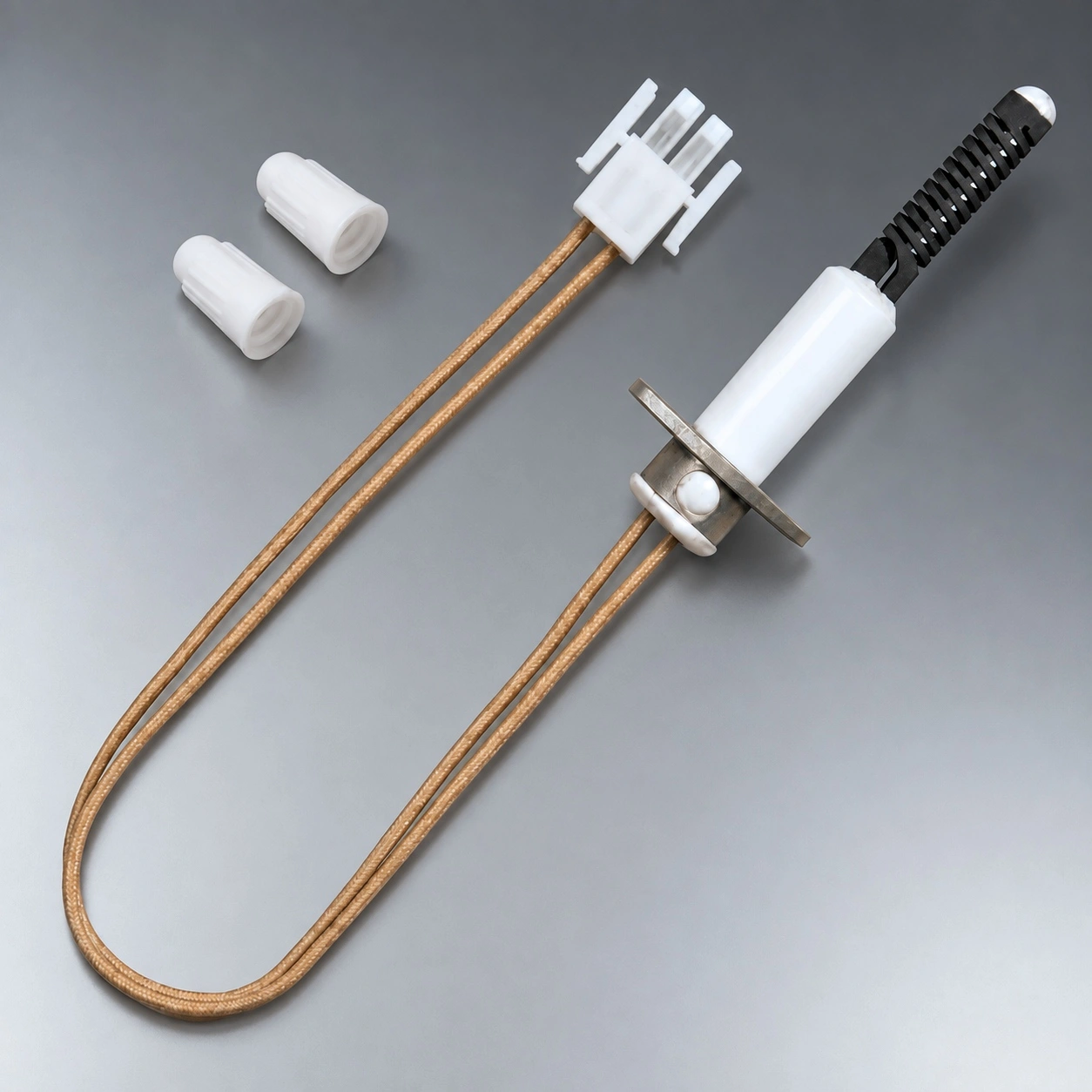 Ceramic water heater igniter with mounting bracket, braided leads and plug connector