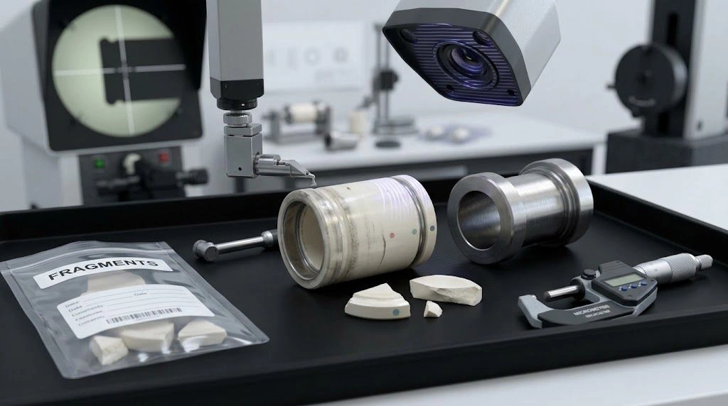 Worn ceramic component and preserved fragments measured beside a mating part, CMM probe, and 3D scanner