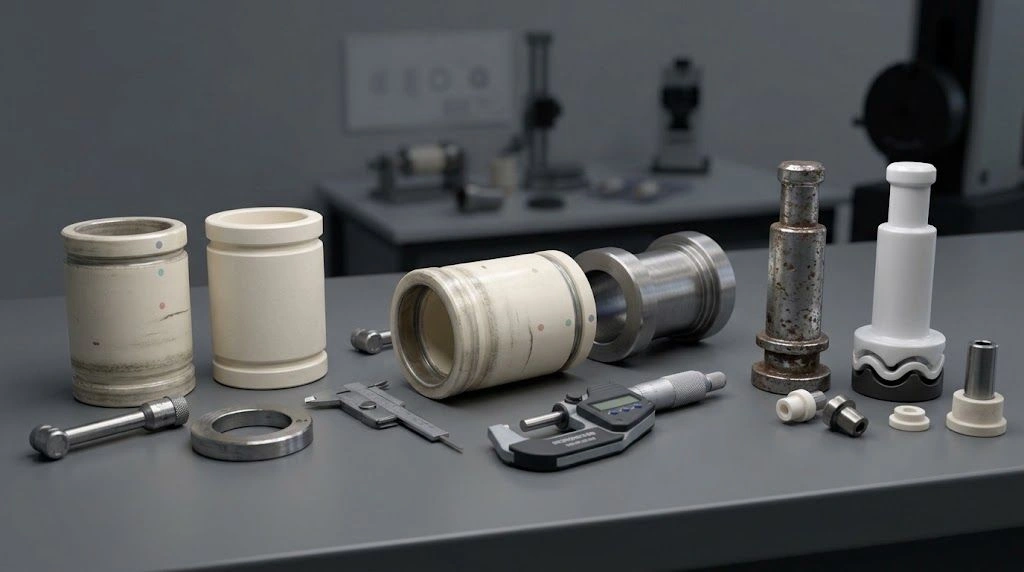 Verified original, worn ceramic sample, and redesigned ceramic replacement arranged as three physical review routes