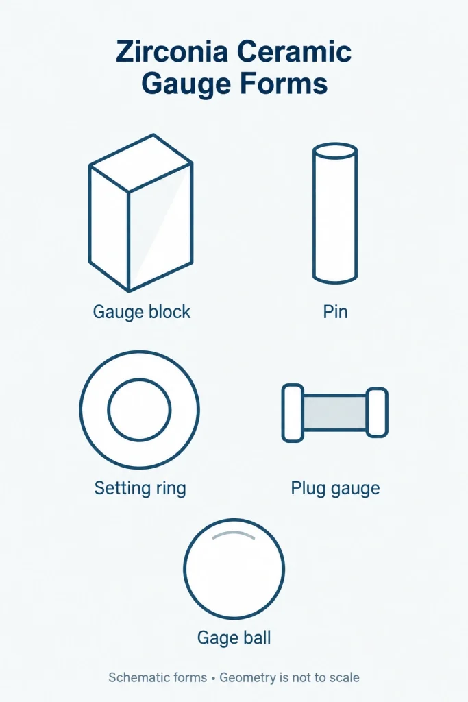 Zirconia ceramic gauge forms showing a gauge block, pin, setting ring, plug gauge, and gauge ball.