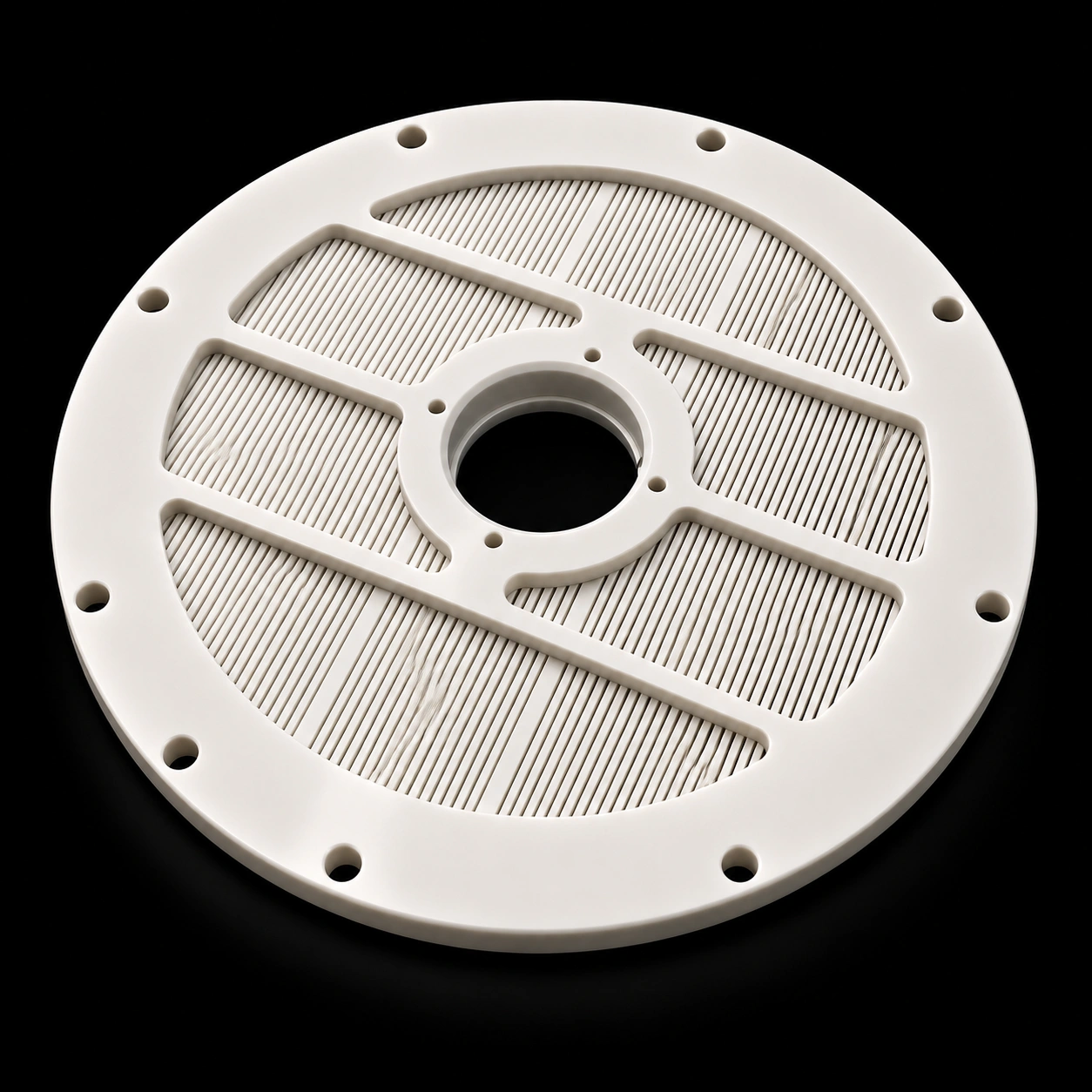 Custom zirconia ceramic separator screen with slotted sectors and mounting holes
