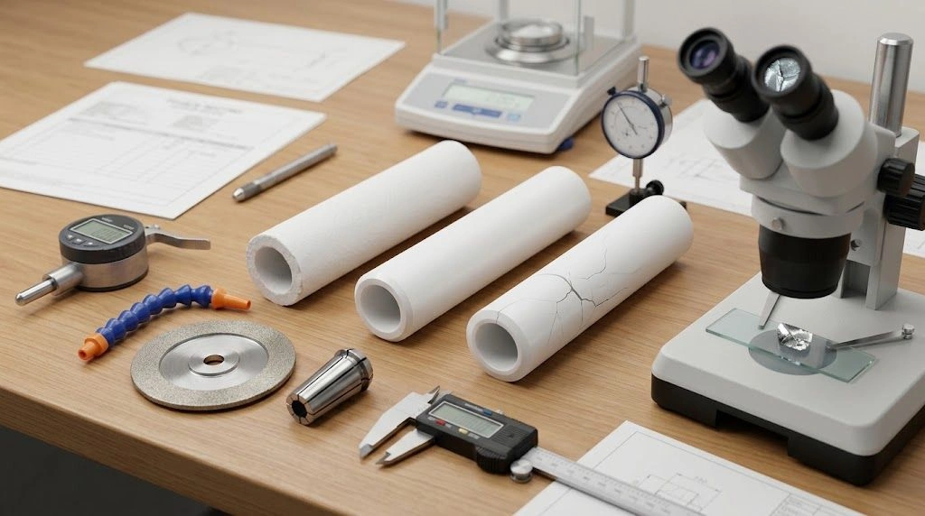 Zirconia tube grinding corrective-trial bench with tubes, wheel, fixture and inspection gauges