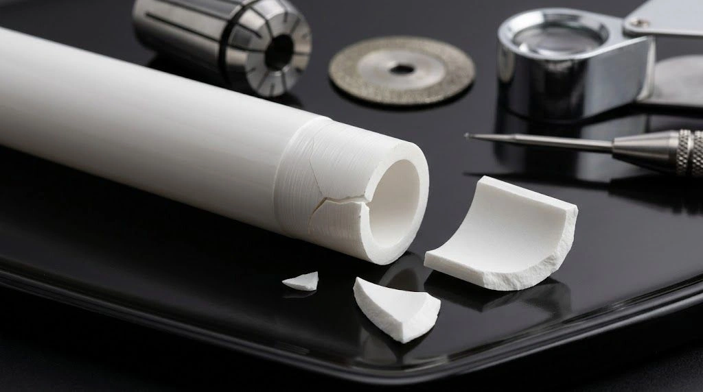 Cracked zirconia tube and preserved fracture fragments arranged for grinding-failure inspection