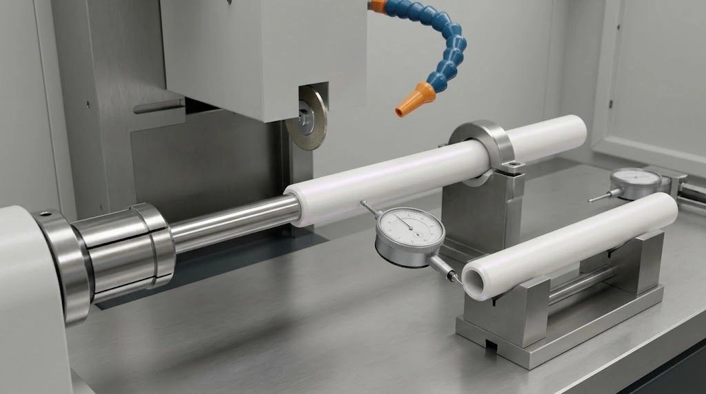 Thin-wall zirconia tube mounted in a grinding fixture with mandrel support and runout inspection