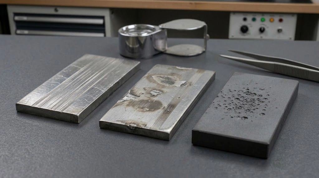 Three industrial wear samples illustrating abrasive grooves, adhesive transfer and particle-impact erosion