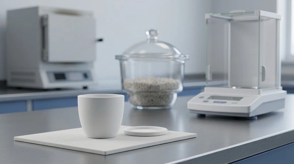 Alumina crucible used in a heat cool weigh cycle for constant mass