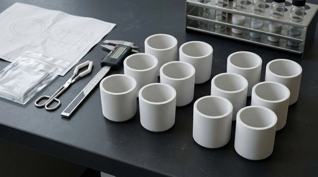 Multiple alumina crucible lots reviewed with dimensional and contamination-control documents