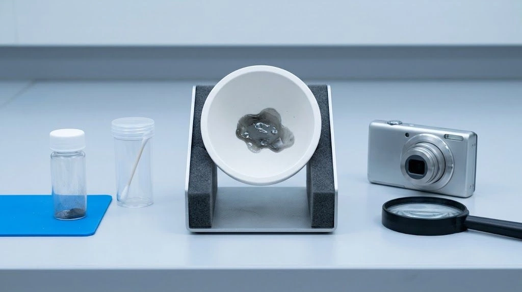 Cooled alumina crucible with contained residue samples prepared for inspection