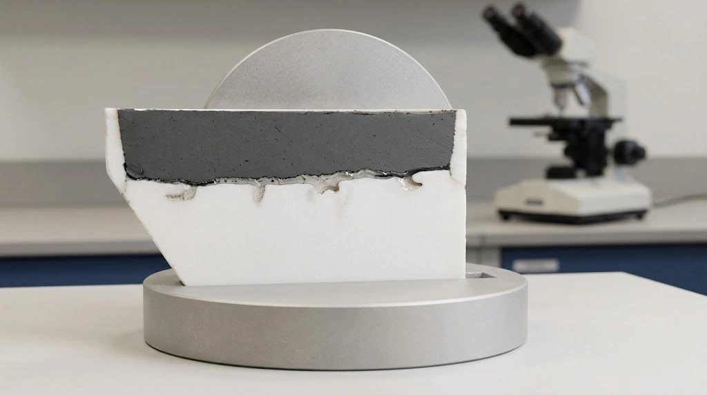 Polished cross-section of a sample bonded to an alumina crucible wall