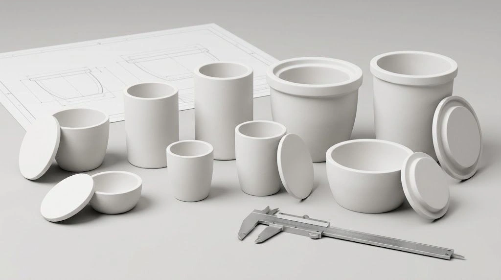 Physical alumina crucibles in different sizes and lid configurations for laboratory selection