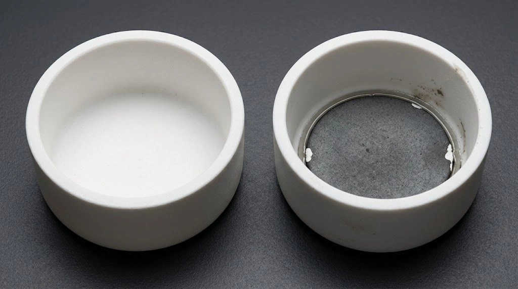 Clean alumina crucible beside a used crucible with an adhered sample