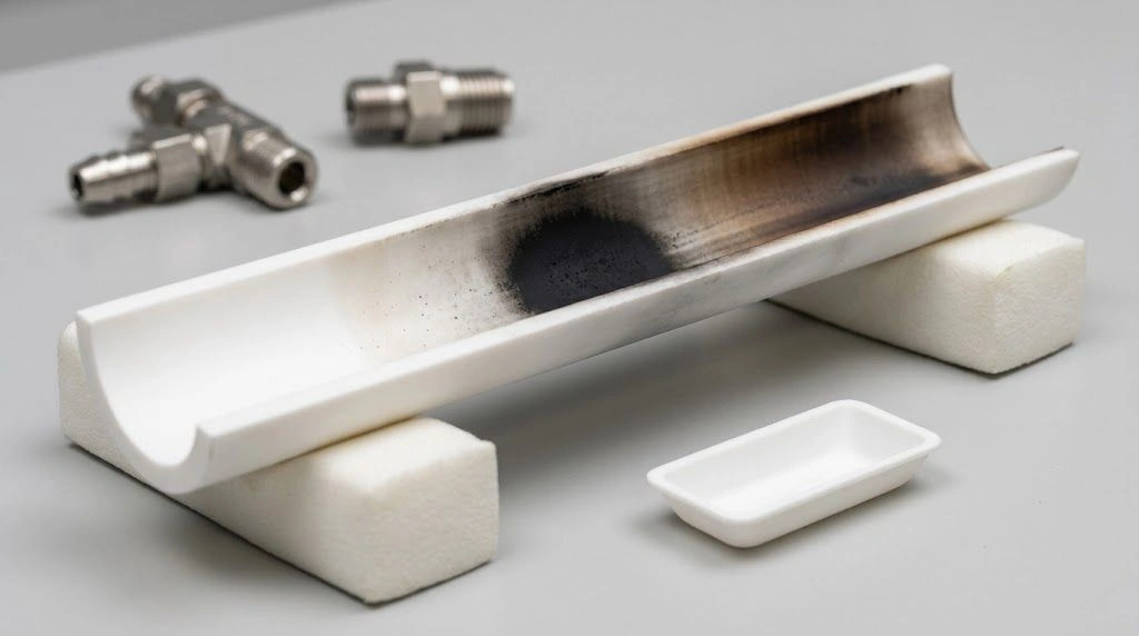 Retired alumina tube section opened for inspection of localized internal deposits