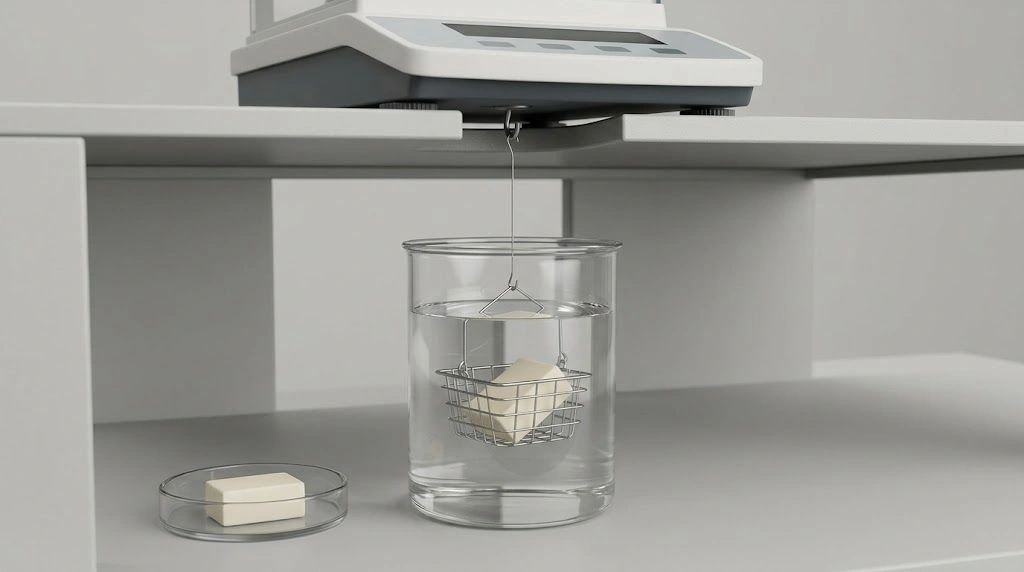 Ceramic coupon and analytical balance with a liquid-immersion density fixture